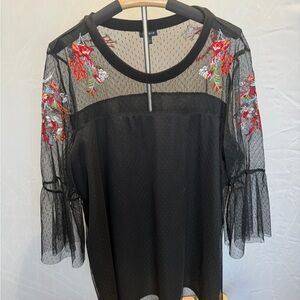 Torrid Black Mesh Top with Floral Details